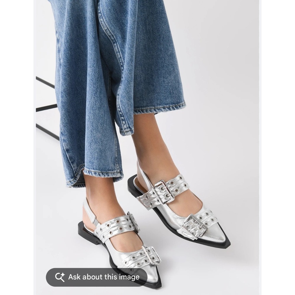 Womens Y2K Chunky Buckle Ballet Flats Size 8 Ballerina Slingback Metallic Silver